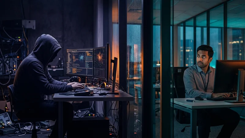 Hooded external hacker and office employee representing diverse organizational security threats