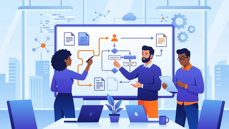Development team analyzing requirements documents and workflow diagrams on whiteboards