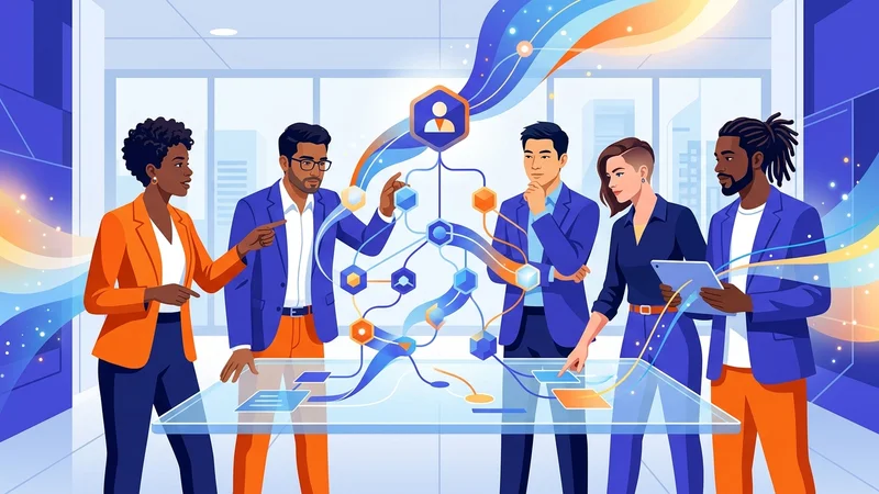 Diverse digital transformation team collaborating around emerging executive role org chart visualization
