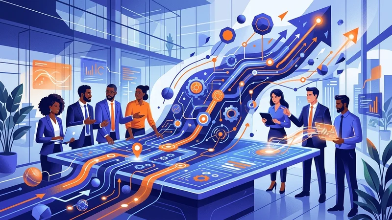 Business team analyzing digital transformation roadmap with strategic technology consultants in modern office setting