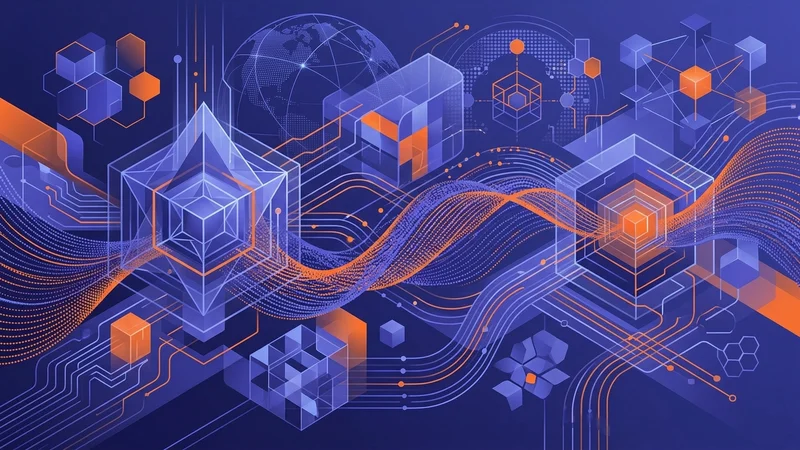 Futuristic visualization of quantum computing blockchain networks and generative AI transforming enterprise business operations