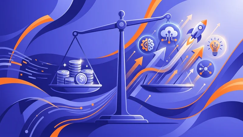 Scales balancing stacks of coins against growing tech innovation icons and upward trend arrows