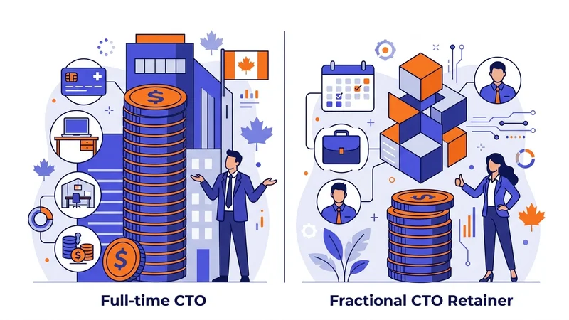 Side-by-side cost breakdown of full-time CTO salary versus fractional CTO retainer in Canada