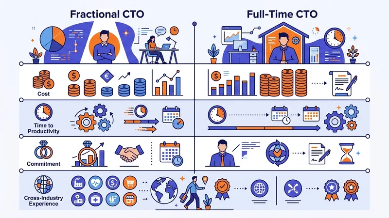 Comparison chart showing cost, time to productivity, commitment, and cross-industry experience metrics side by side