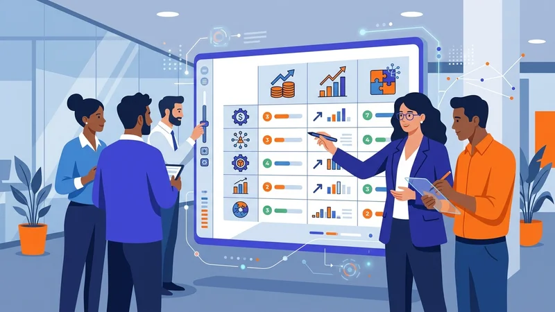 Team evaluating a solution selection matrix comparing cost, scalability, and integration metrics