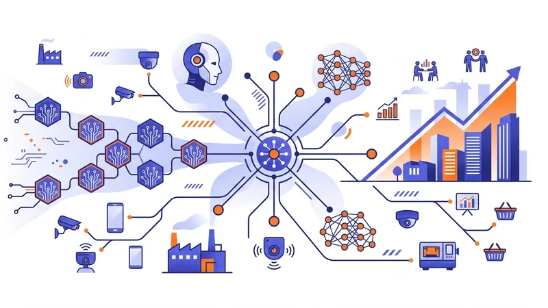 Futuristic network connecting AI, blockchain, and IoT devices powering business innovation