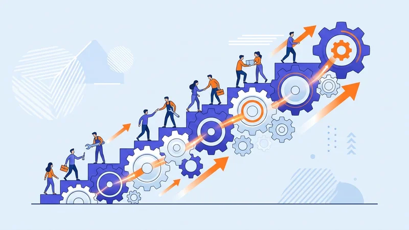 Ascending staircase of interconnected gears representing gradual incremental steps in innovation progress