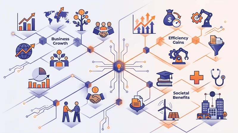 Expanding network of icons depicting business growth, efficiency gains, and societal benefits from innovation