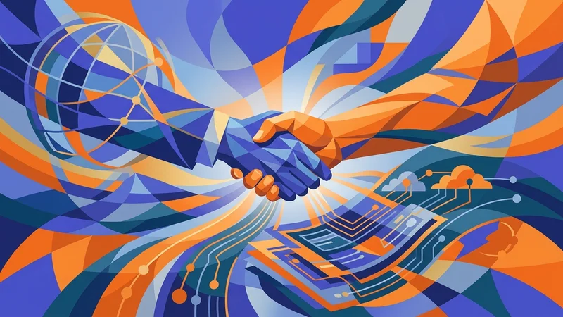 Investor handshake over tech strategy documents signaling trust in experienced technical leadership guidance