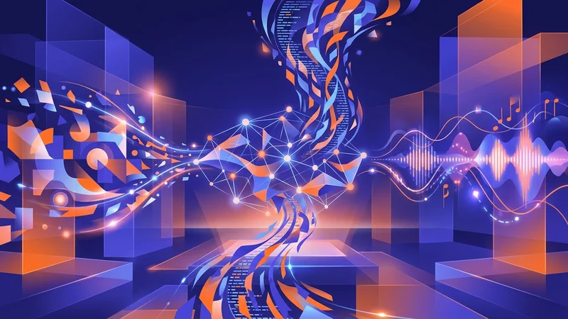 Futuristic neural network producing creative outputs across art, text and music in glowing digital studio