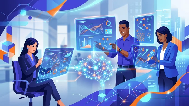 Business team collaborating with AI assistant generating reports, designs and strategies on holographic interface displays