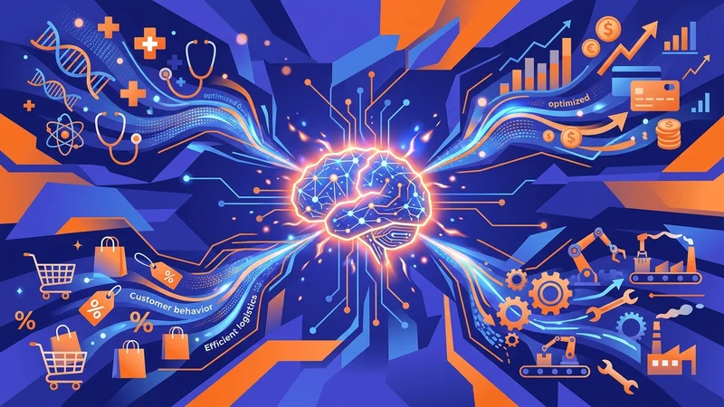 Diverse industry icons connected to central generative AI brain transforming healthcare, finance, retail and manufacturing workflows