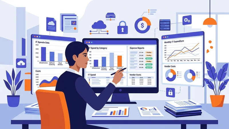 Financial analyst reviewing IT spending charts and expense reports on dashboard