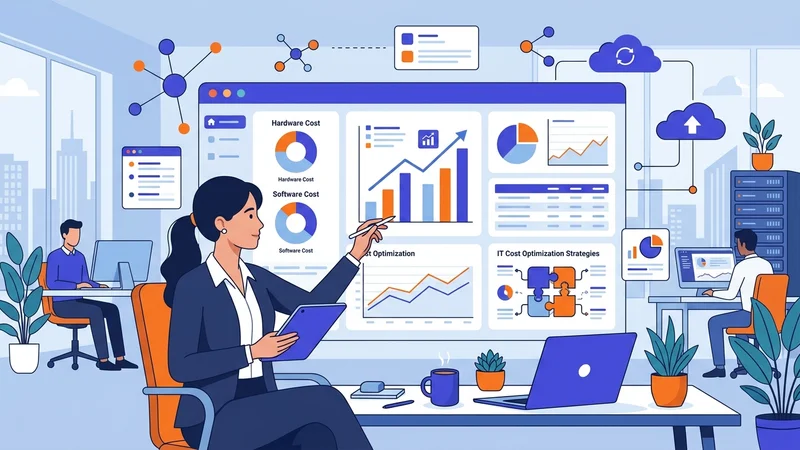 Business leader reviewing technology budget reports on a digital dashboard screen