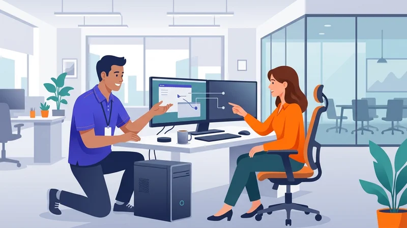 IT helpdesk technician assisting an employee with a computer workstation issue