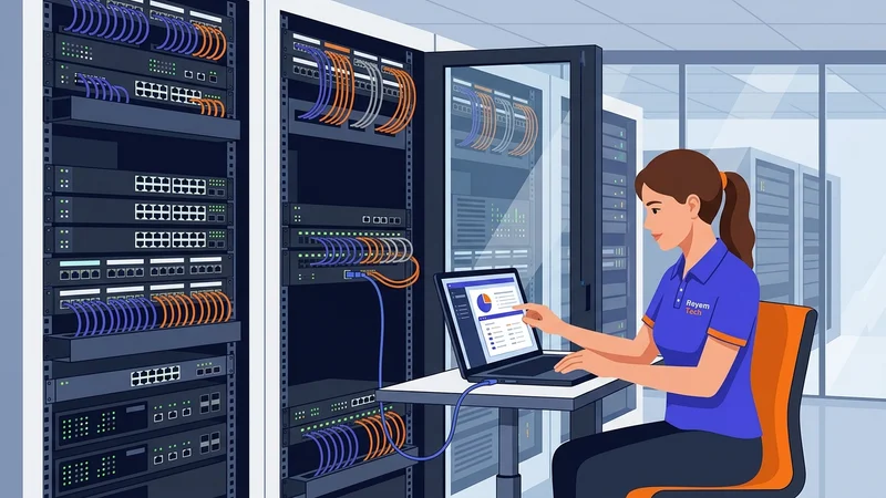 Network engineer configuring enterprise router and switch infrastructure in server room