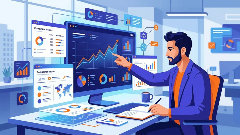 Professional analyzing market data charts and competitor reports on a digital dashboard