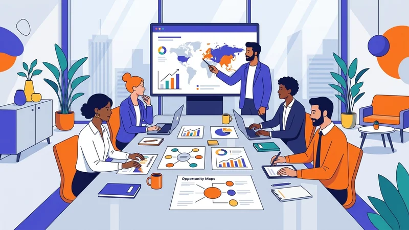 Business team reviewing target market segments and opportunity maps around a conference table