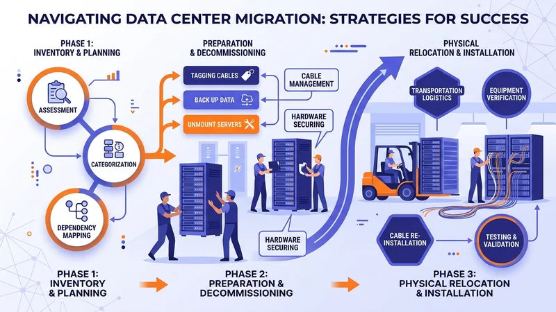 Server racks and network cables during a physical data center relocation process