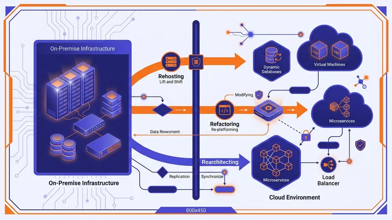 Cloud computing infrastructure diagram showing migration pathways between on-premise and cloud environments