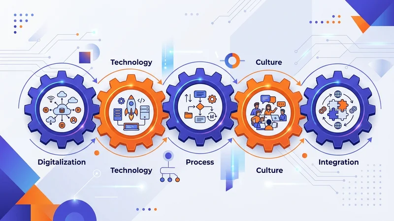 Five interlocking gears representing digitalization, technology, process, culture, and integration