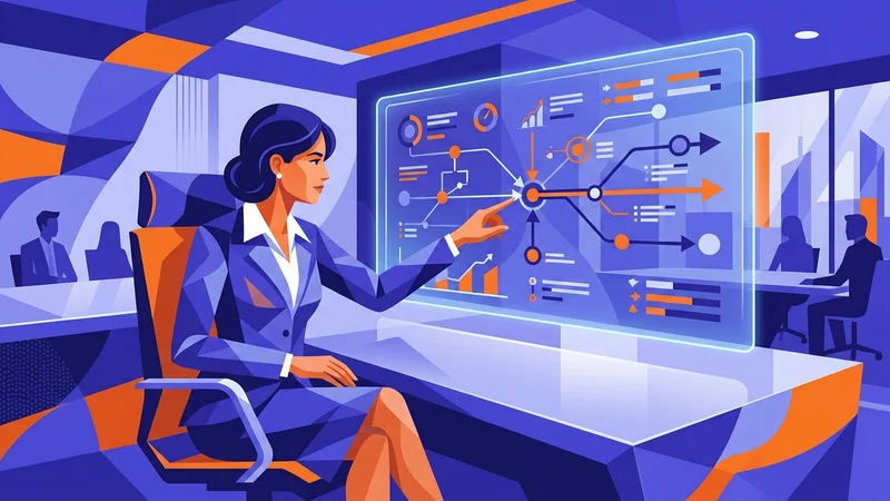 Executive in suit reviewing digital strategy roadmap on glowing screen inside modern boardroom