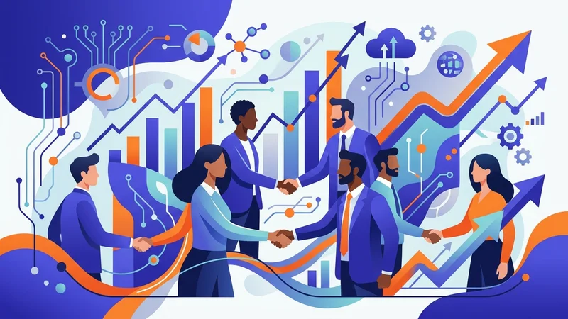 Diverse business leaders shaking hands beside upward growth charts and technology icons