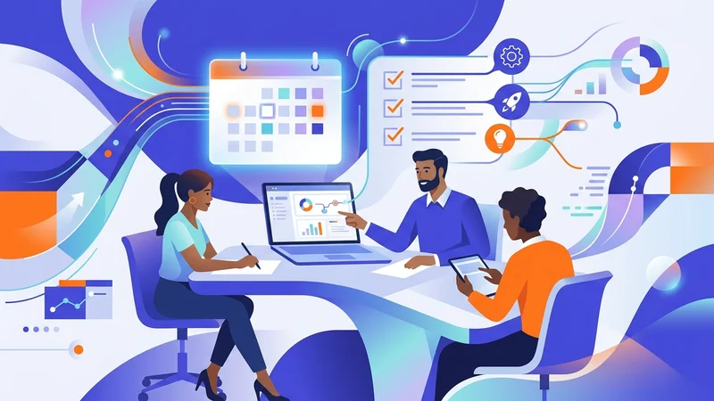 Onboarding checklist with calendar, laptop, and team members collaborating around conference table