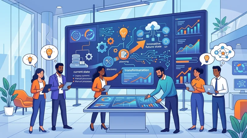 Business team collaborating around digital screens showing technology transformation strategy and innovation