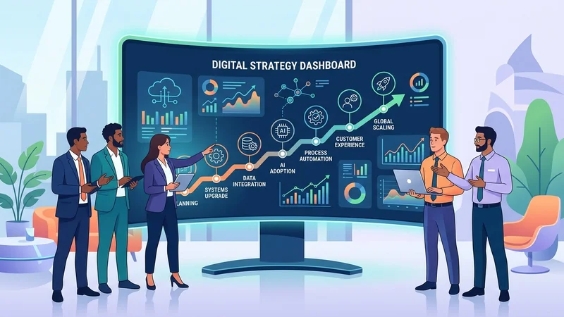 Business team collaborating with IT consultants around a digital strategy dashboard showing transformation milestones