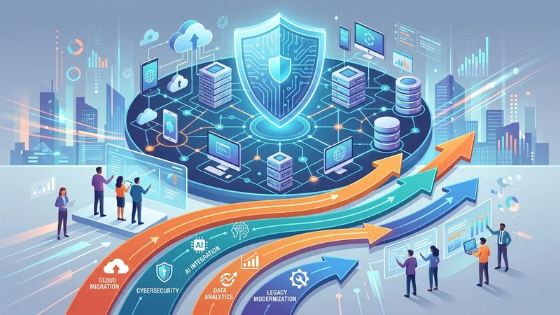 Shield protecting interconnected digital systems while strategic roadmap arrows guide technology adoption forward