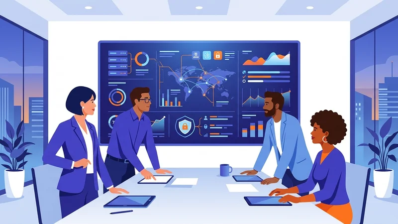 Corporate leadership team reviewing IT infrastructure strategy on a digital dashboard display