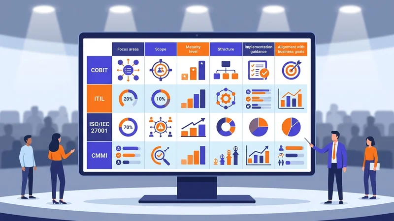 Comparison chart of IT governance frameworks including COBIT displayed on a conference screen