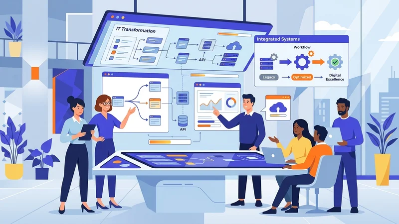 Business team collaborating around digital screens showing integrated technology systems and workflows