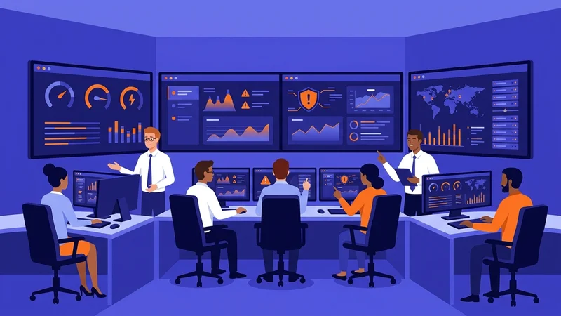 IT support team monitoring network servers and security dashboards in a control room