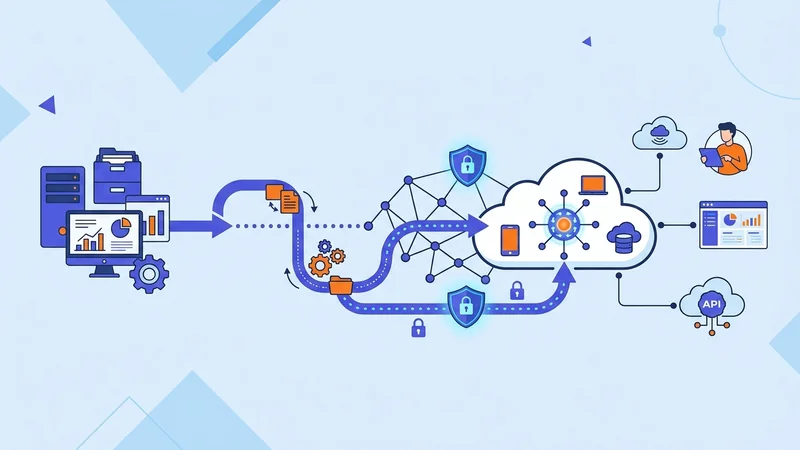 Cloud migration workflow connecting business applications through secure digital infrastructure