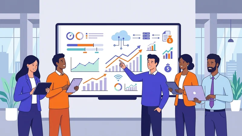 Business team reviewing benefits and outcomes of technology roadmap implementation