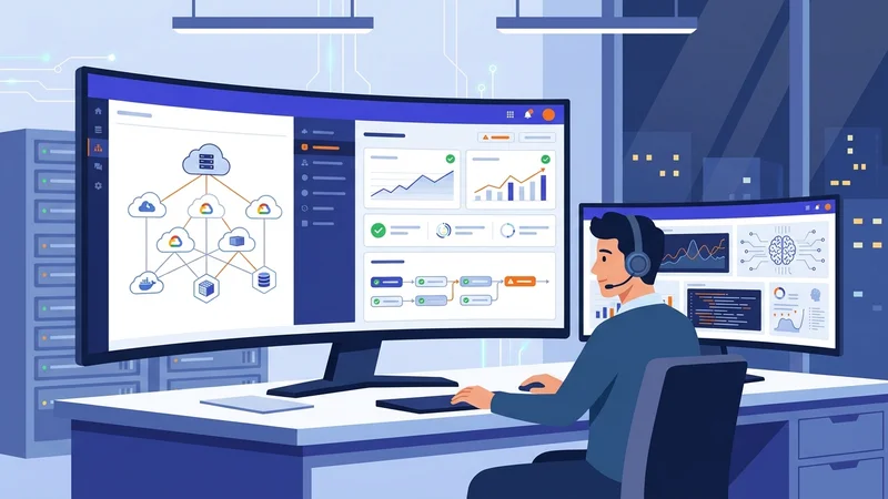 IT engineer managing automated cloud orchestration panel with AI-powered monitoring tools
