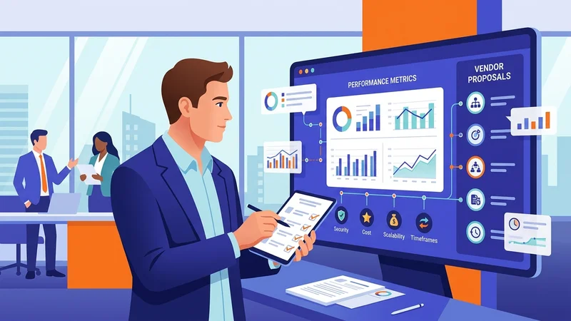 Manager evaluating vendor proposals with checklist and performance metrics on screen