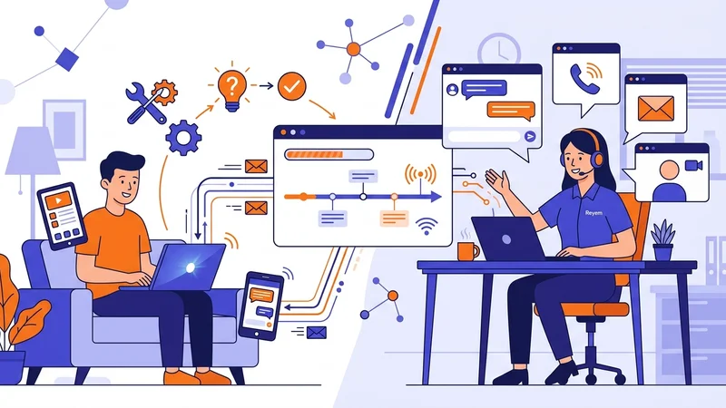 Support agent helping customer resolve technology issue through multiple communication channels