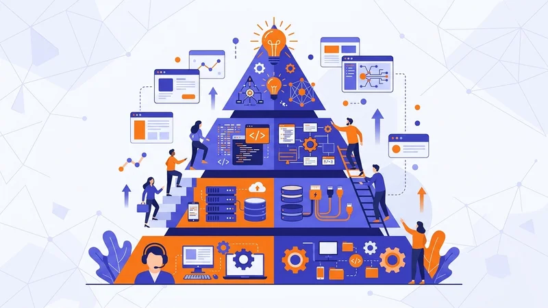 Tiered technical support pyramid showing escalation from basic to advanced expertise levels