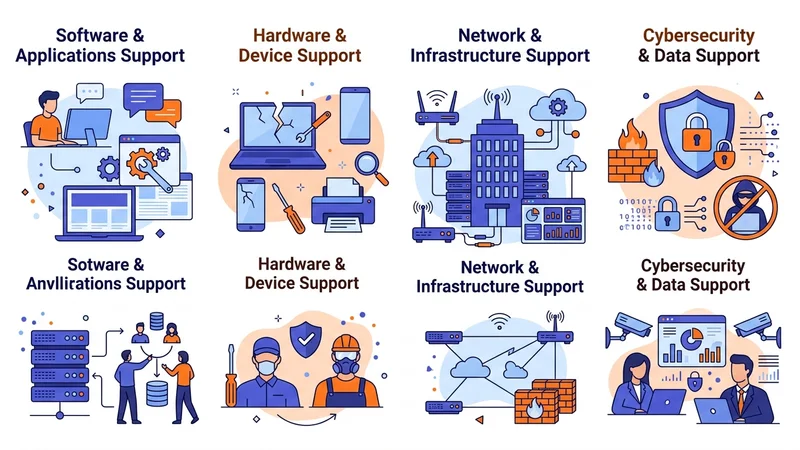 Different technical support categories organized by technology type and required specialist knowledge