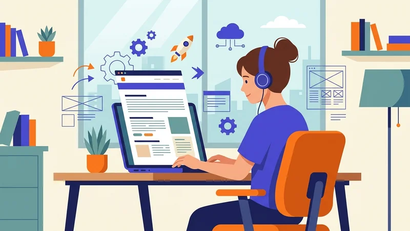 Content writer drafting website copy with headings and structured paragraphs on screen