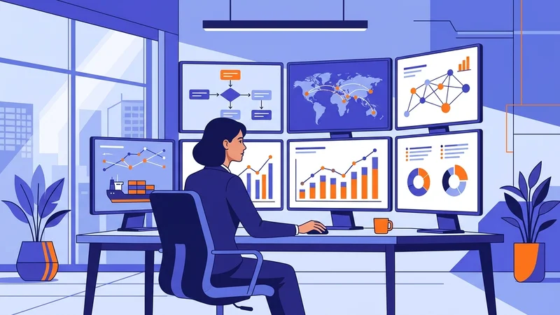 Executive reviewing scenario planning models with supply chain data on multiple screens