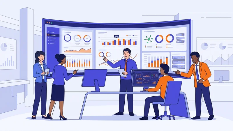 Business team analyzing server performance dashboards and network monitoring screens