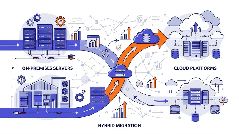 Three connected infrastructure paths showing on-premises servers, cloud platforms, and hybrid migration