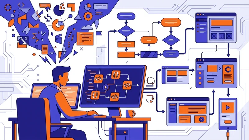 Developer writing code on multiple screens translating complex instructions into software applications