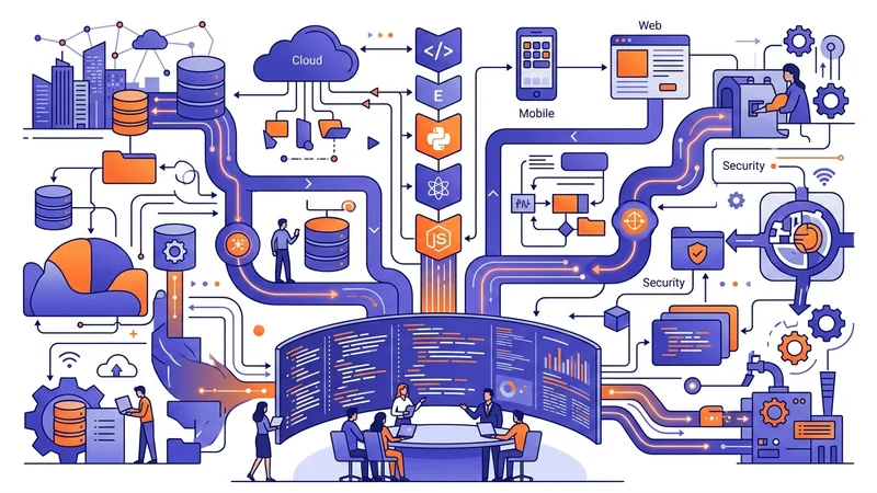 Business team reviewing digital strategy with programming code displayed on conference room screens