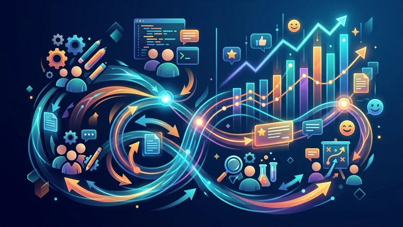 Rising customer satisfaction metrics and innovation feedback loops flowing through interconnected product teams
