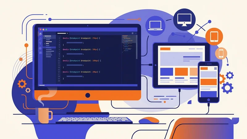 Developer workspace with code editor showing CSS media queries and breakpoints